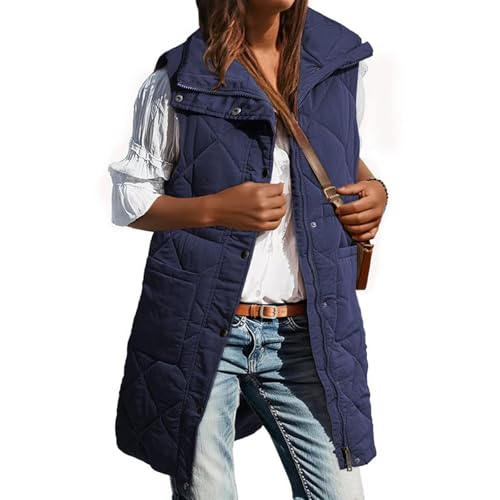 Women's Long Puffer Vest Lapel Zipper Sleeveless Puffer Coats Casual Comfy Winter Warm Solid Color Slim Fit Jackets