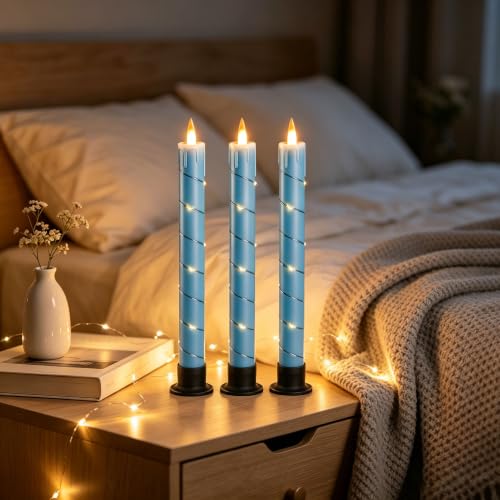 Image of 3 Pack Blue Dripping Wax Flameless Candles, Realistic Dynamic Flame LED Taper Candles with Surrounding Fairy String Lights, Remote Control Battery Operated Candles for Home Wedding Holiday Decor