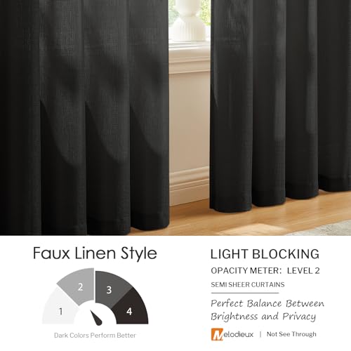 Image of Melodieux Black Semi Sheer Curtain Cloth for Hanging, Linen Look Bedroom Rod Pocket Voile Drapes, 52 by 63 Inch (2 Panels)