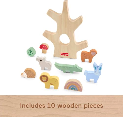 Image of Fisher-Price Wood Stacking Toy Balance Tree, 10 Wooden Pieces for Developmental Play Preschool Kids Ages 3+ Years