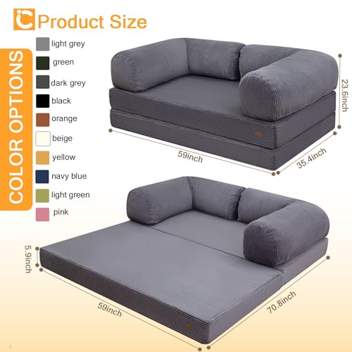 COMAX Futon Sofa Bed, 4-in-1 Floor Foldable Sofa Couch Queen with L-Shaped Armrests, Convertible Folding Chair Bed Sleeper Mattress Fold Out Comfy Lounge for Living Room Bedroom, Grey