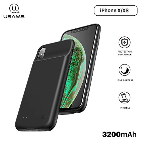 USAMS Coque Batterie pour iPhone X/XS [Millie Series US-CD43] Coque Batterie 3200mAh Fine et Légère, Ultra Sécurisée pour iPhone XS 5.8 et iPhone X, Coque Renforcée Contre Les Impacts - Noir