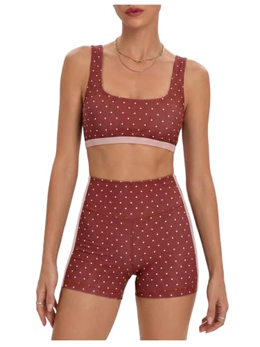 Milumia Womens Polka Dots Workout Set 2 Piece Color Block Bra Tank High Waisted Biker Shorts Layered Matching Yoga Outfit Burgundy Medium