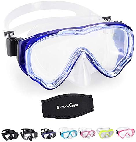 OMGear Diving Mask Snorkeling Gear Kids Adult Snorkel Mask Dive Goggles Silicone Swim Glasses Scuba Free Diving Spearfishing Anti-Leak Anti-Fog Neoprene Strap Cover Impact Resistance(Kid/Blue)