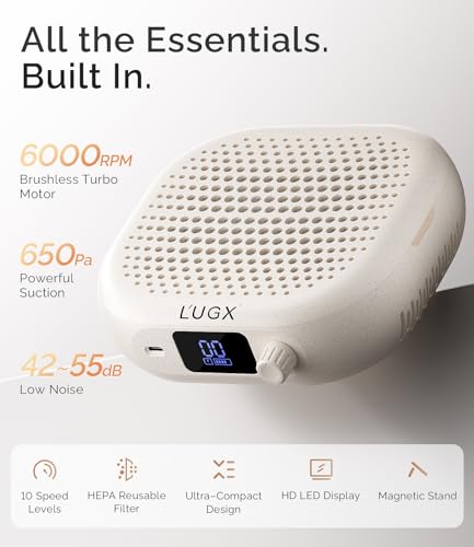 Image of L'UGX Rechargeable Nail Dust Collector Profesional - Compact Dust Collector Nail Tech with Strong Suction, 10-Speed Turbo Fan, LED Display Nail Dust Cleaner for Home & Salon Use - Stardust Beige