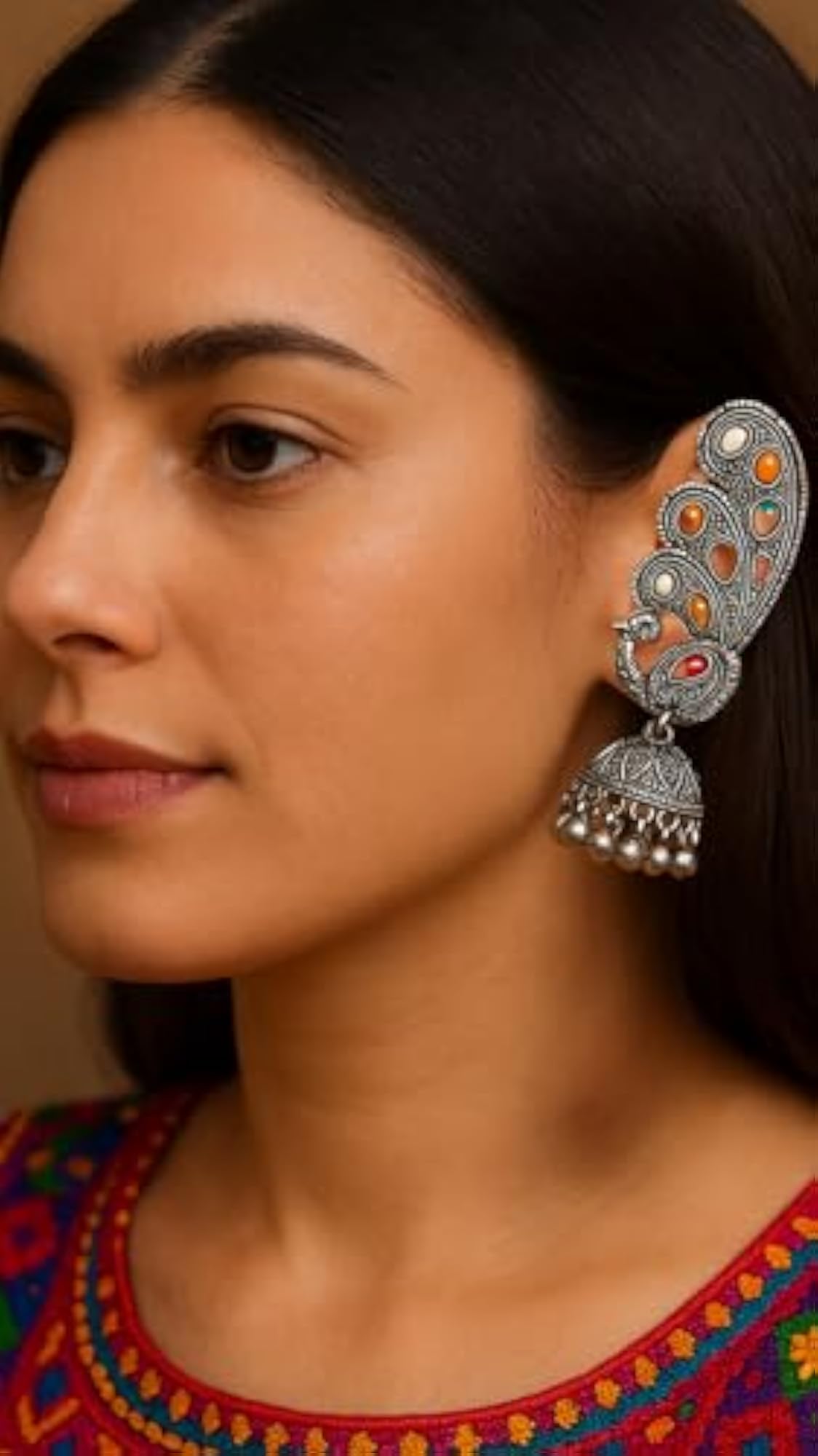Women's Navratri Silver Oxidised Paisley Ear Cuffs with Jhumka Drops