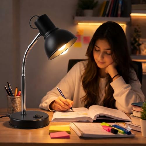Image of Metal Desk Lamp with Bulb, Red Finish, Adjustable Gooseneck, 16 Inch Height, Strong Body Table Lamp (Black)