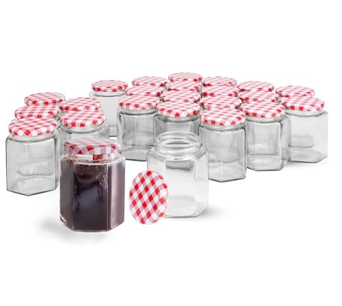 MAGNA RETAIL Hexagonal Jam Jars - Set of 24 | 250ml Capacity | Glass Jars with Lids | Preserving Pots | Screw Top Gingham Lids | Airtight Pickling & Sauce | Wedding Favours | Sweets Herbs & Spices