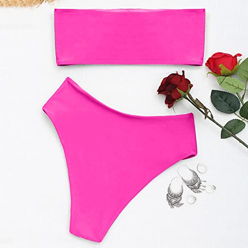 Image of ZAFUL Women's High Cut Bandeau Bikini Set Strapless Solid Color 2 Pieces Bathing Suit Swimsuit (4-Rose Red,S)