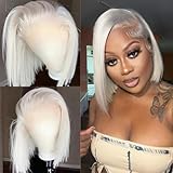 Glueless Wigs Human Hair 60# Grey White Platinum Blonde Bob Wigs for White Women 13x4 HD Transparent Lace Front Wigs 10 Inch Silky Straight Ash Blonde Wig Human Hair with Baby Hair Pre plucked Frontal