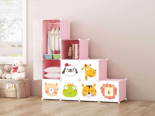 Image of BucketList 12-Door Plastic Sheet Kids Wardrobe Storage Rack - Organizer for Clothes, Kids Furniture, Living Room, Bedroom, Small Accessories (12-Cube Pink Cartoon Print)