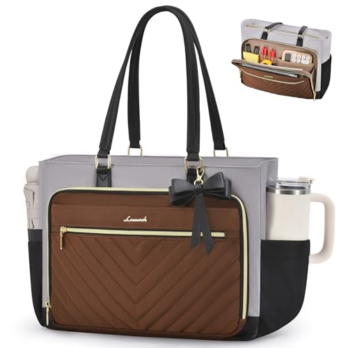 Image of LOVEVOOK 17 Inch Laptop Tote Bag for Women, Work Bag for Nurse with Large Cup Holder, Nurse Diaper Bag for Travel, Computer Women's handbags for Teacher gift, Brown-gray-black