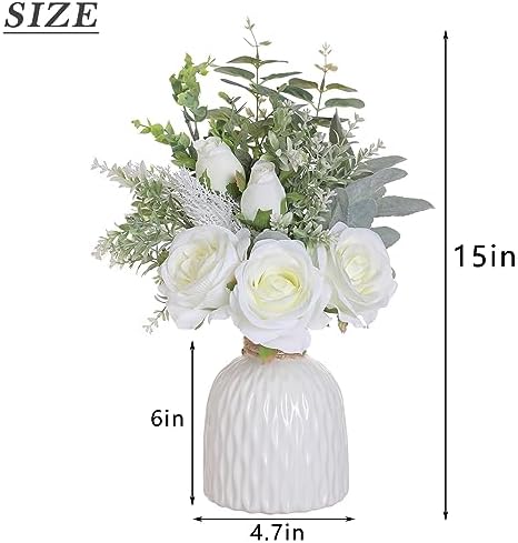 FOTEEWL Artificial Flowers with Ceramic Vase,Faux Silk Roses and Fake Plant Eucalyptus in Vase for Centerpiece Table Decorations, Living Room,Dining Table,Fireplace,Office,Farmhouse,Home Decor(White)