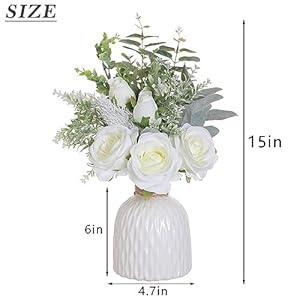 FOTEEWL Artificial Flowers with Ceramic Vase,Faux Silk Roses and Fake Plant Eucalyptus in Vase for Centerpiece Table Decorations, Living Room,Dining Table,Fireplace,Office,Farmhouse,Home Decor(White) FOTEEWL Artificial Flowers with Ceramic VaseFaux Silk Roses and Fake Plant Eucalyptus in Vase for Centerpiece Table Decorations Living RoomDining TableFireplaceOfficeFarmhouseHome DecorWhite
