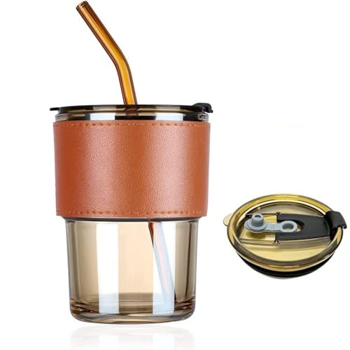 Image of Glass Coffee Cup with Straw & Lid, Anti Skid Leather Sleeve Grip Handle Tumbler Mug for Hot & Cold Beverages,Tea Coffee Smoothies Juice 400ML(Set of 1)