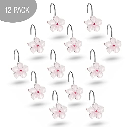 Creative Scents White Shower Curtain Hooks - Set Of 12 White & Pink Flower Shower Curtain Hooks - Decorative Shower Curtain Rings For Shower Curtain - Blossom Shower Hooks For Shower Curtain (Vanda) #TOP2