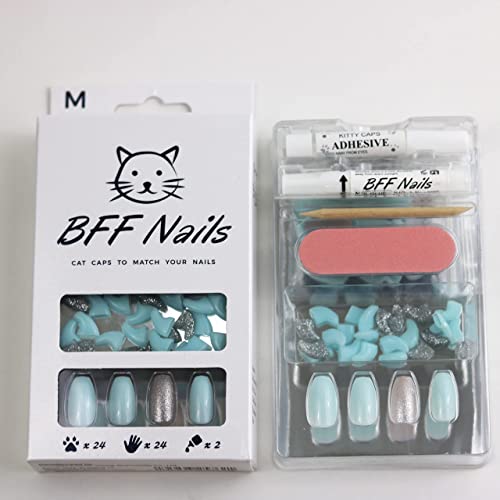 Image of Cat Nail Caps for Cats with Matching Acrylic Press-On Nails for Humans (Small, Light Blue with Silver Accent)