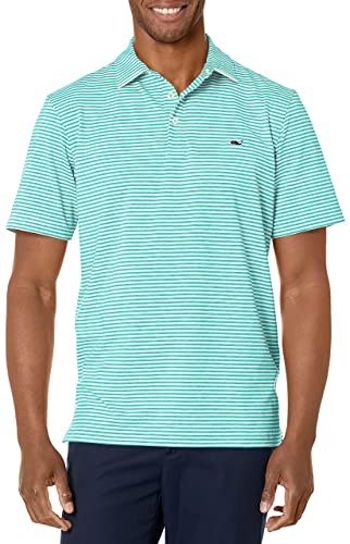 vineyard vines Men’s Heathered Winstead Stripe Sankaty Performance Polo Shirt, Heathered Antigua, Medium