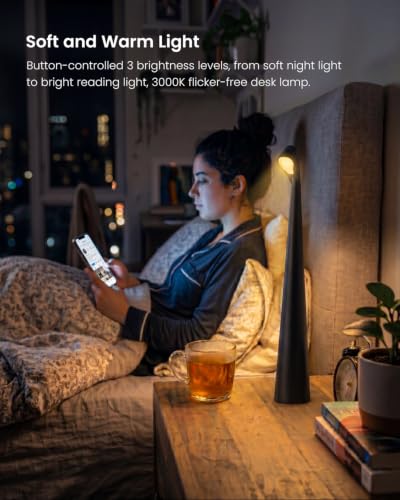 Myrauv Cordless LED Table Lamp, 4000mAh Rechargeable Portable Desk Lamp, 3-Level Brightness, Bedside Night Light, Ambient Reading Light for Restaurant, Bedroom, Outdoor Camping, Night Light, Black - image 4