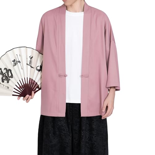Image of PRIJOUHE Men's Kimono Jackets Cardigan Casual Cotton Blends Linen Seven Sleeve Open Front Embroidery Coat