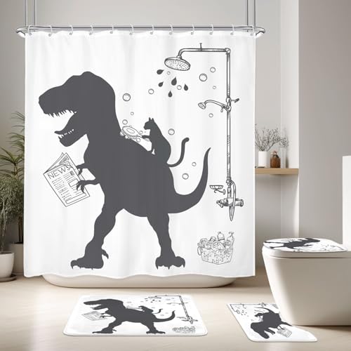 Image of 4PCS Dinosaur 71Wx71H Inches Funny Cute Kids Boys Animal Shower Curtain Sets with Rugs, Toilet Lid Cover and Bath Mat, Silhouette Shadow Bath Accessories Art Home Decor Fabric 12 Pack Hooks