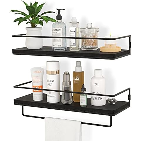 ZGO Floating Shelves for Wall Set of 2, Wall Mounted Storage Shelves with Black Metal Frame and Towel Rack for Bathroom, Bedroom, Living Room, Kitchen, Office (Black) Cover