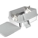 TENTIZON Stainless Steel Cat Litter Box for Kittens and Medium Cats, Open Top Metal Kitty Small Litter Box with High Sides Lid, Litter Mat, Scoop, No Odor, No Mess, Leak Proof, Easy Clean