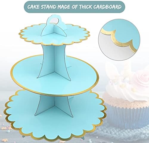 3 Pack Cardboard Cupcake Stand, 3 Tier Dessert Tower and 1Tier Cake Stand for Birthday, Baby Shower, Wedding, Party, Dessert Stand Round Tower, Display Stand for Cakes (Round Blue)