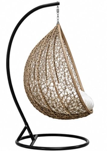 Image of Hindoro Rattan Wicker Wrought Iron Single Seater Swing Chair with Stand & Cushion & Hook Outdoor || Patio || Living Outdoor Furniture (Beige with White, Oval), 106.7 x 106.7 x 203 Cm