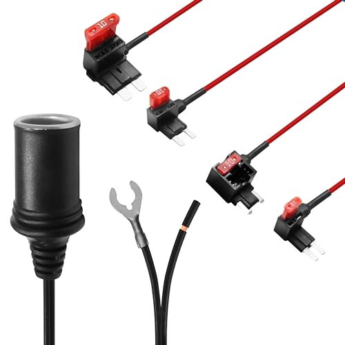 Add-a-Circuit Fuse Tap Kit with 14 Inch 12V Female Cigarette Lighter Socket – Battery Direct Wire Harness for Dash Cam, GPS, Radar Detector, and Car Electronics