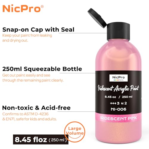 Image of Nicpro Iridescent Pink Acrylic Paint, 8.45oz Large Pink Metallic Paint