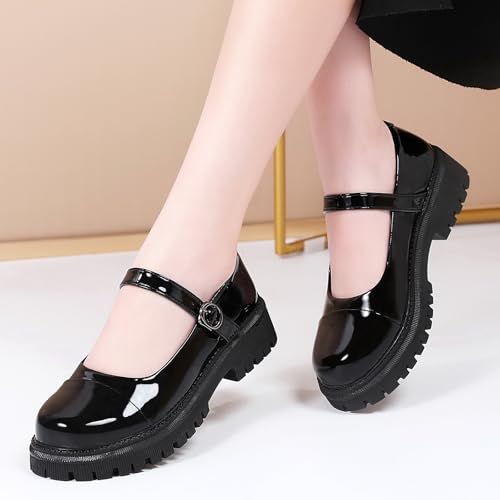 OKJ Platform Mary Janes for Women, Black Mary Jane Shoes Women Low Heels Patent Leather Comfortable Chunky Mary Janes for Women, Round Toe Dressy Casual Teens Kawaii Work Shoes3