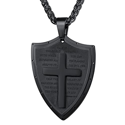 U7 Men's Inspirational Bible Verse Necklace Stainless Steel Shield Pendant Ephesians 6:16 Jewelry Black Cross Tag Pendant Necklace