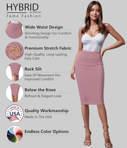 Image of Hybrid & Company Women's Premium Nylon Ponte Stretch High Waist Pencil Suit Skirt Below Knee
