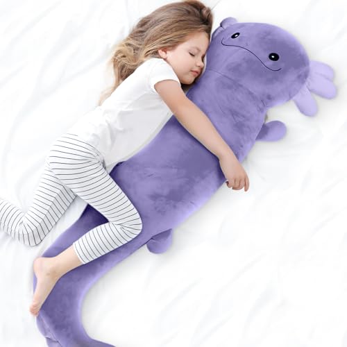 Image of Tianmihou 48 Inch Giant Axolotl Stuffed Animal, Cute Plush Toy Purple Axolotl Body Pillow for Kids, Soft Salamander Glow in The Dark Plushie Gifts for Girls, Boys, Birthday