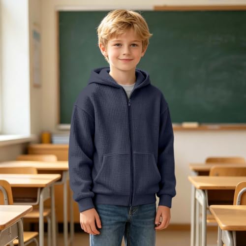 Boys Zip Up Hoodie Waffle Knit Kids Sweatshirt Jacket with Hood Size 8-10 — view 3