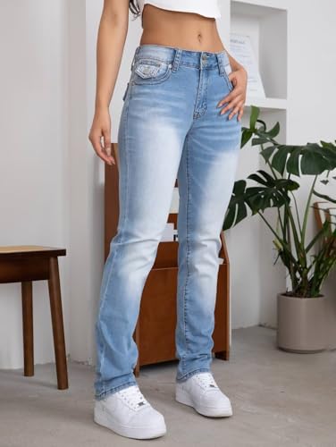 Flamingals Women's Stretchy Straight Leg Jeans Mid Waist Bootcut Jeans Double Button Solid Skinny Jeans - Image 4