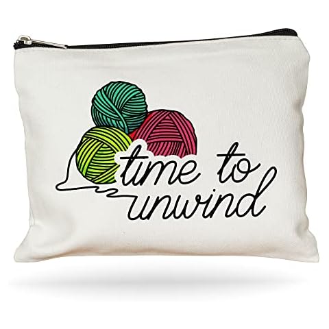 Moonwake Designs, Time To Unwind, Beige Cotton Canvas Makeup Bag, Knitting Gift Cover