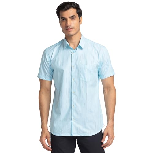 Image of Park Avenue Men's Pure Cotton Chambray Pattern Slim Fit Ainsley Collar Half Sleeve Casual Shirt