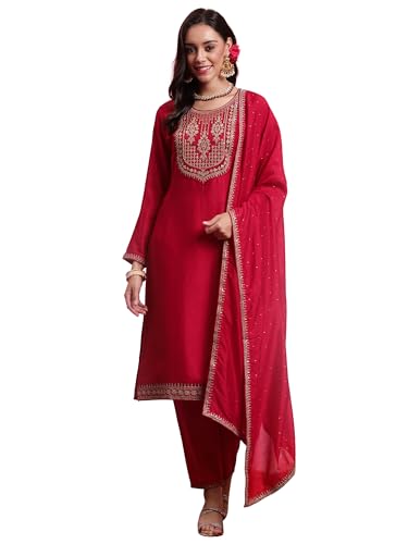 Image of INDO ERA Women's Embroidered Silk Blend Calf Length Straight Kurta Trouser with Dupatta Set (IEOUT7391)