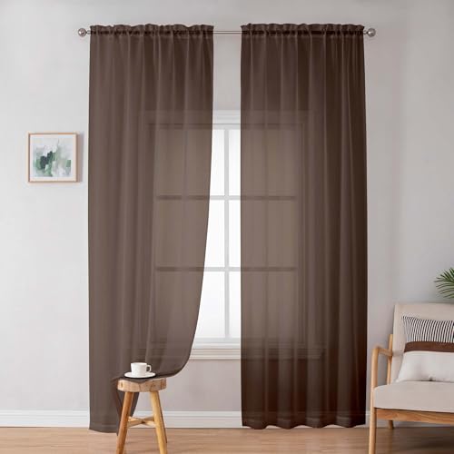 Image of OWENIE Sheer Curtains 72 Inches Long 2 Panels Set, Light Filtering Sheer Curtain Rod Pocket Clear Drapes for Living Room Bedroom Window Sliding Door, Each 42 x 72 Inch, Chocolate