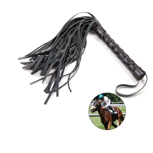 XQEUMC PU Leder Reitgerte, Schwarze Pferdepeitsche,Leder Reitgerte mit Fransen für Pferd das tägliche Training Cosplay Spiele Pferd Springen Rennen (Schwarz)