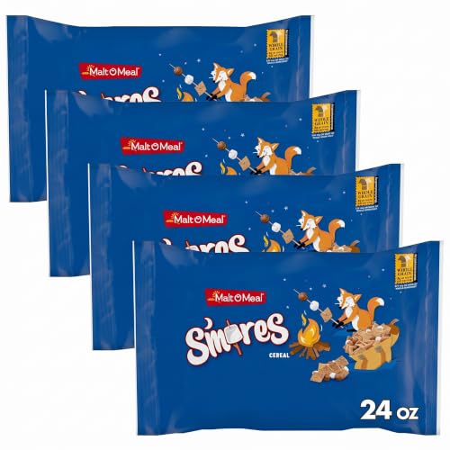 Malt-O-Meal S'mores Breakfast Cereal, with Honey Graham Squares, Chocolatey Puffs and Marshmallow Bits, Large Cereal for Family, 24 OZ Resealable Bag (Pack of 4)