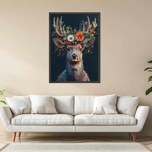 Art mural cerf bois fleuris : tableau décoration intérieure bohème - 3