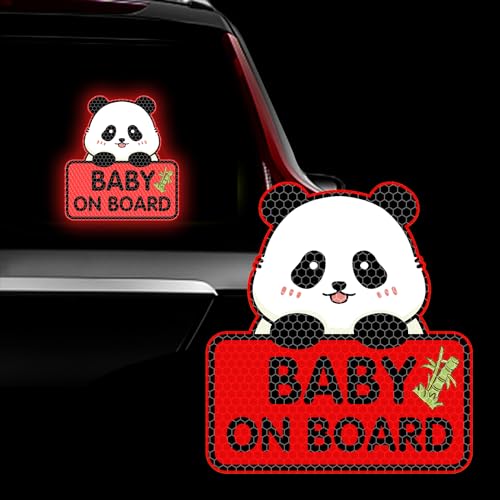 Image of 2PCS Panda Baby On Board Sticker for Cars, Cute Highly Reflective Kids in Car Sticker Sign for Car Window Bumper Truck Auto Warning Decals (Red)