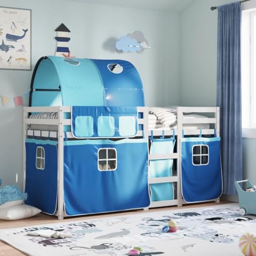 Brokky Litera con Cortinas Cama litera Matrimonio Camas literas Infantiles Madera Maciza de Pino Azul 90x200 cm / 3283986