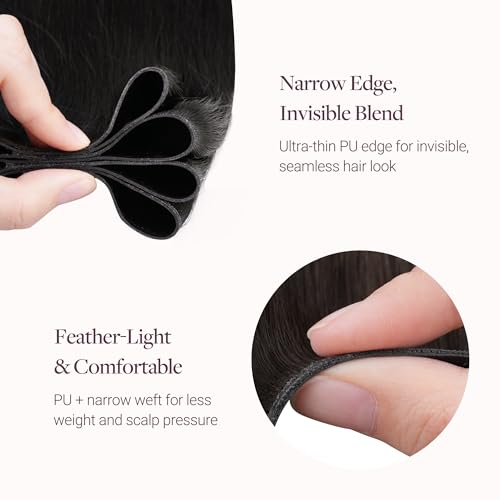 Image of GOO GOO Genius Narrow Edge PU Weft Hair Extensions Human Hair, Invisible Sew in Hair Extensions Human Hair, 1B Natural Black 22 Inch 120g, Seamless Soft Lightweight