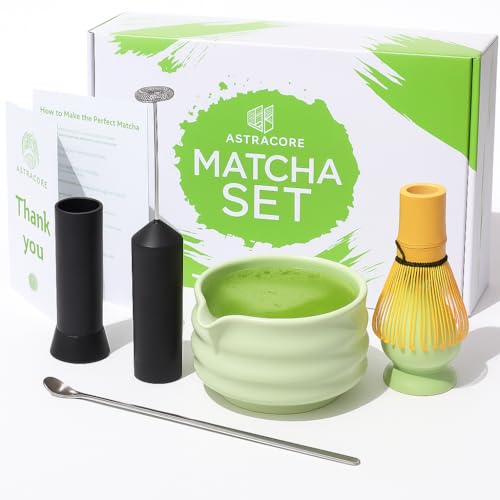 Astracore Matcha Set – Match Bowl with Spout, Whisk and Electric Frother, Matcha Scoop | Matcha Whisk Stand (Chasen Holder) - 6pc Perfect Matcha Kit for Matcha Tea and Beginners
