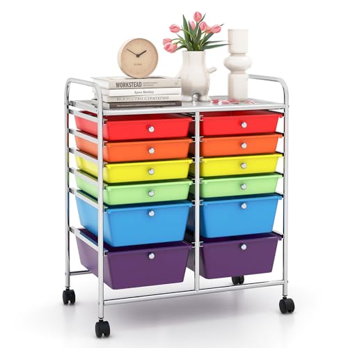 LDAILY 12 Drawer Rolling Storage Cart, Craft Cart Organizer on Wheels w/Metal Frame, Large Capacity & Smooth Drawer, Rolling Cart w/Drawers for Classroom, Office