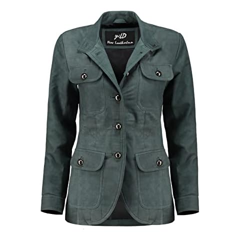 Jild Fancy 5-Button Four Pocket Double Back Slit Leather Blazer Women - Vintage Suede Look Cuff Sleeves Leather Jacket Women (ZC-Blue-XL) Cover